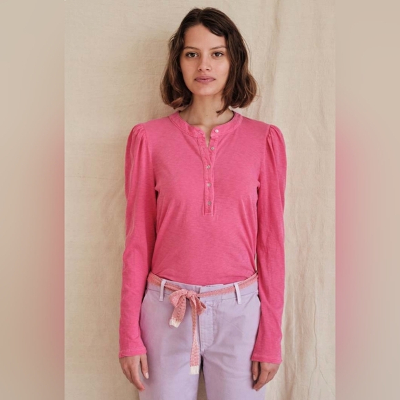 Sundry By "Anthropologie" Fuchsia Puff Long Sleeve Ruffle Henley Top - Picture 3 of 7